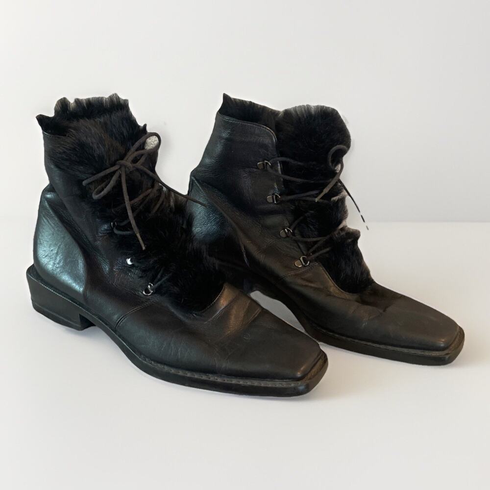 Stuart Weitzman Women's Leather and Bunny Fur Ankle Boots Black Size 9.5
